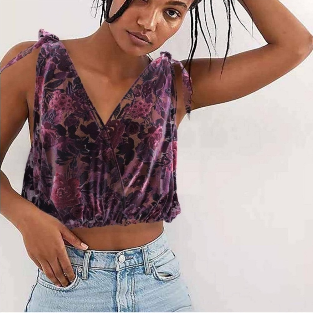 Free People ‘Tied To You’ V-Neck Velvet Chiffon Floral Tank Top in Purple sz Sm